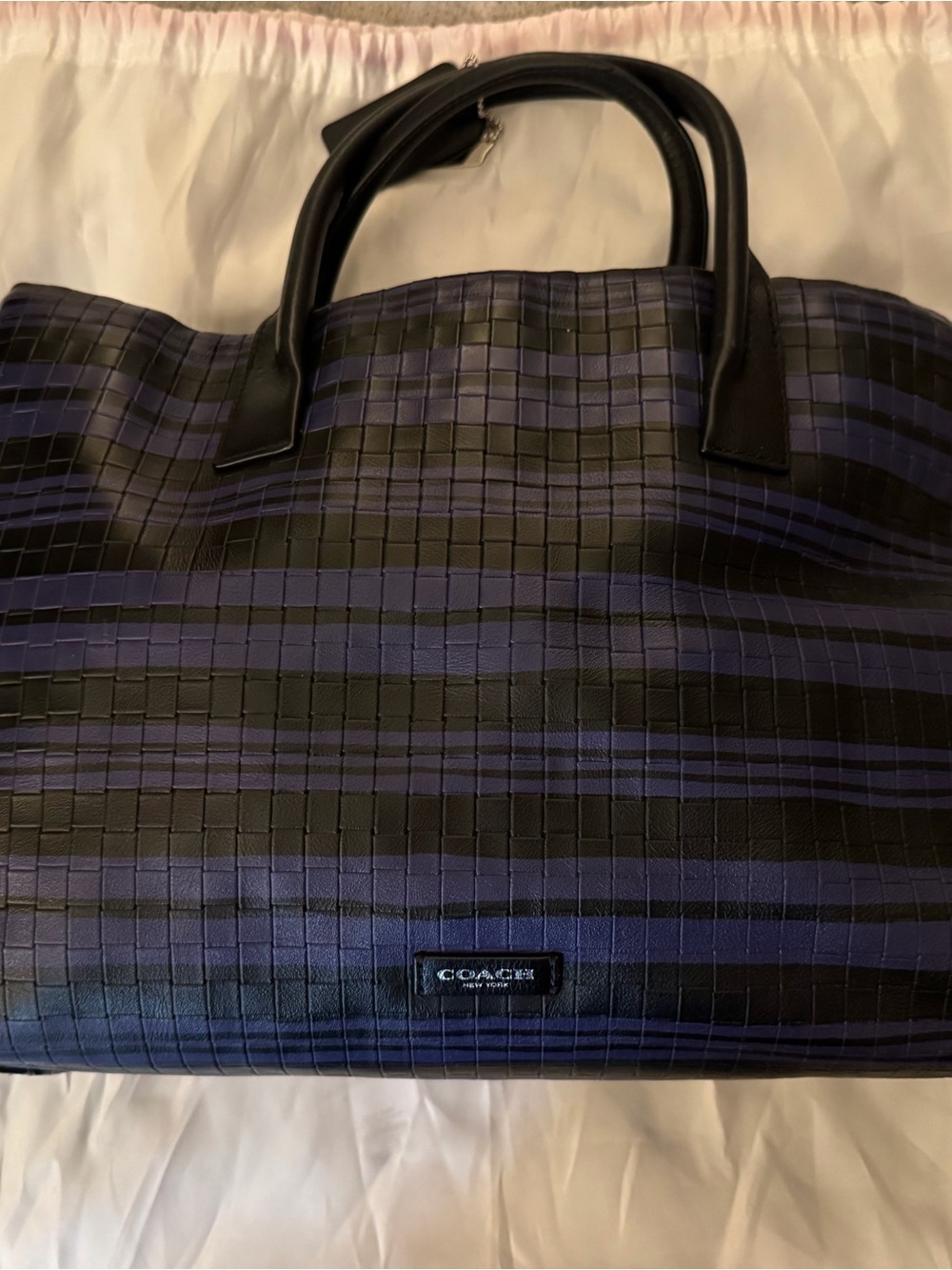 Coach Bleecker Black and Indigo Woven Leather Satchel with Shoulder Strap - Picture 2 of 7